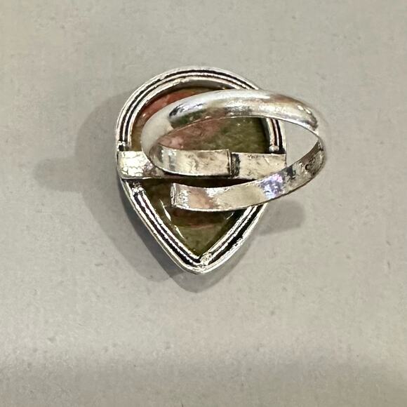 Unakite genuine gemstone ring adjustable silver overlay stamped 925 pear shape - Picture 2 of 6